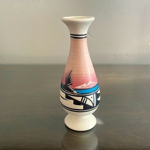 Vintage Cedar Mesa Pottery Indian Hand Painted Mountain Rainbow 2 1/2x6 Bud Vase